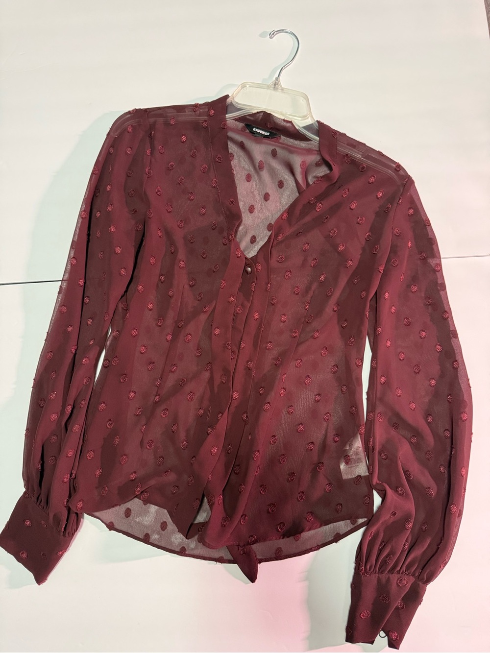 Express Burgundy Sheer Dot-Textured Button Blouse